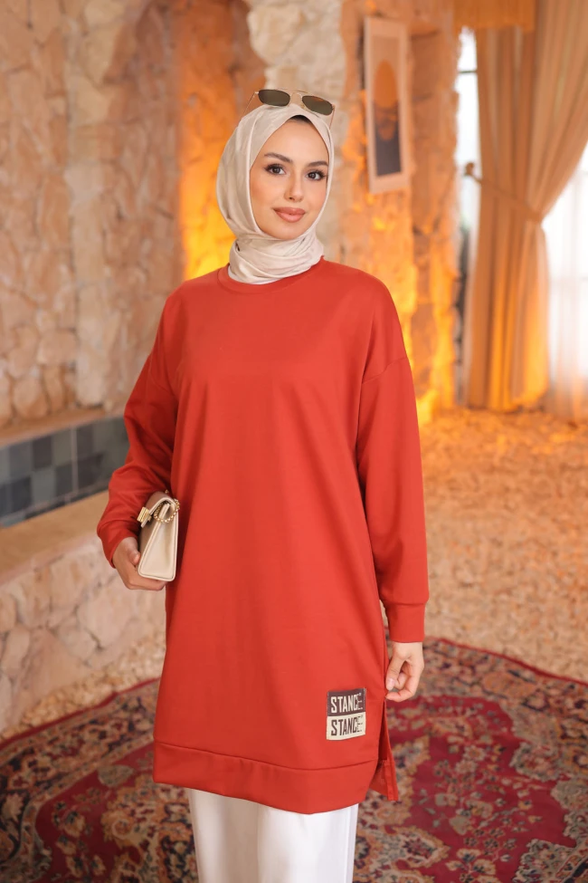 Kiremit Bisiklet Yaka Armalı Tunik