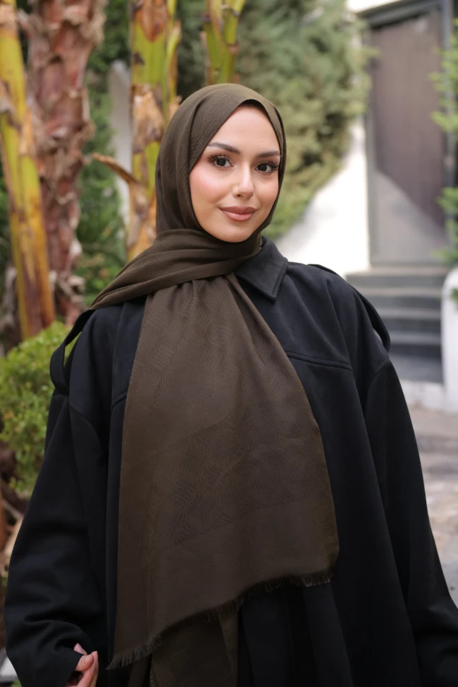 Koyu Haki İpekhan Pamuk Jakarlı Şal