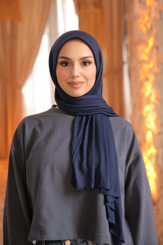 Koyu Lacivert Helen Önü Süngerli Pratik Penye Şal