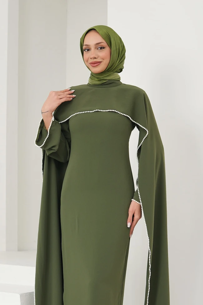 Koyu Yağ Yeşili İnci Detaylı Pelerinli Abiye