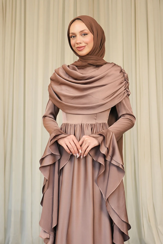 Koyuv Vizon Kol Katlı Önü Drapeli Saten Abiye