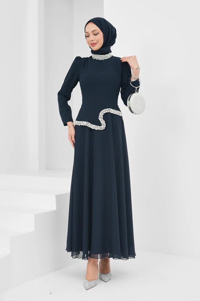 Lacivert Asimetrik Detaylı Taşlı Abiye