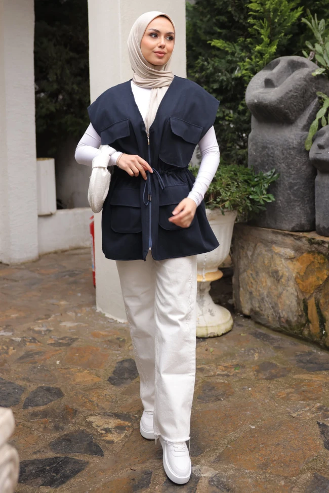 Lacivert Bel Bağlamalı Cepli Astarlı Gabardin Yelek