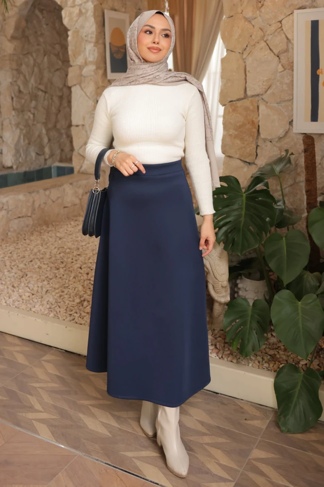 Lacivert Bel Lastikli Scuba Puf Etek