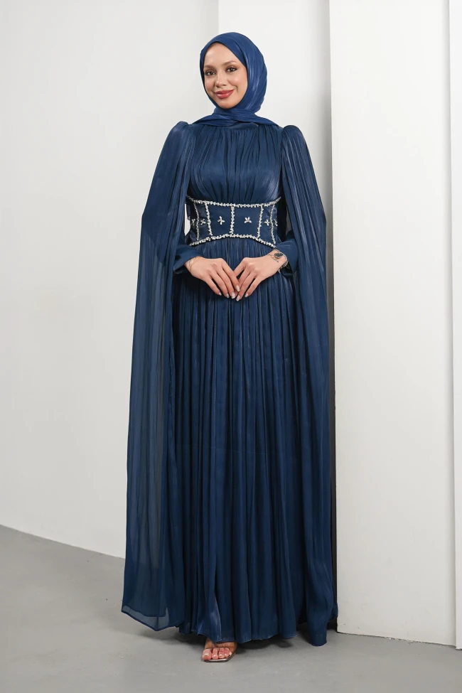 Lacivert Beli Taşlı Pelerinli Piliseli Abiye