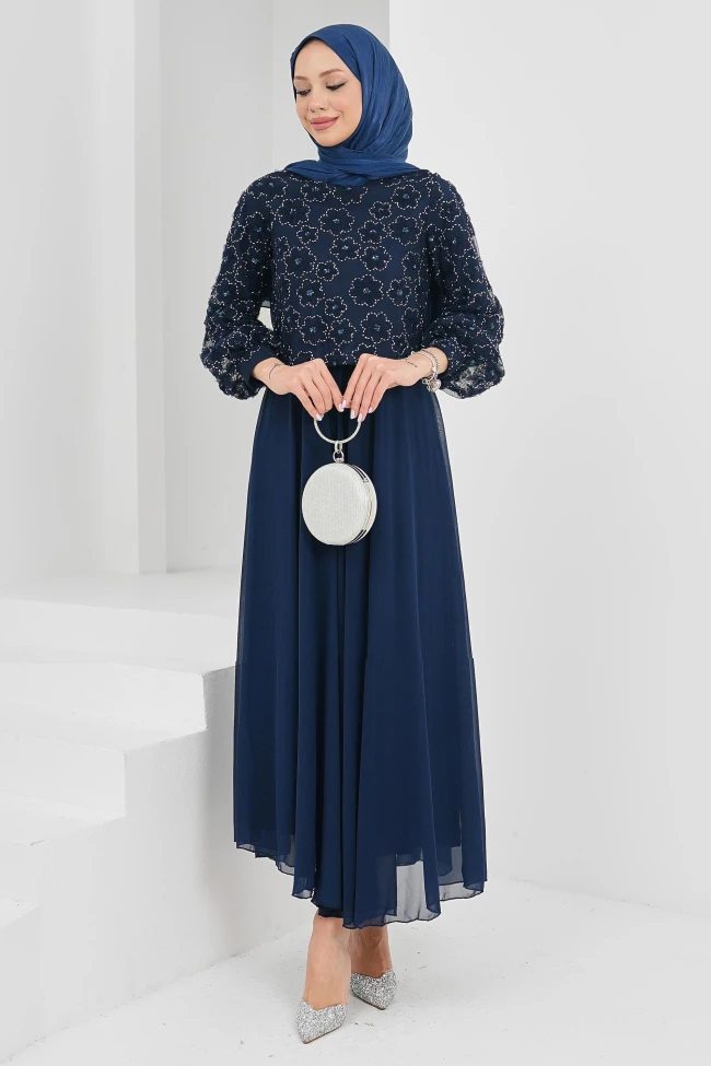 Lacivert Boncuk İşlemeli Abiye