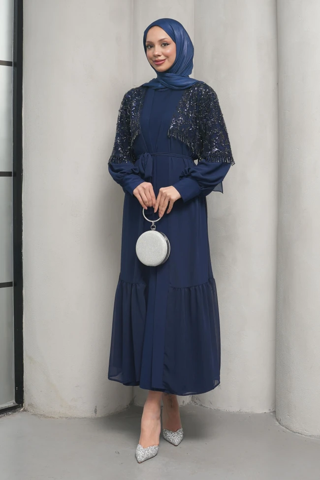 Lacivert Boncuk İşlemeli İkili Abaya Takım