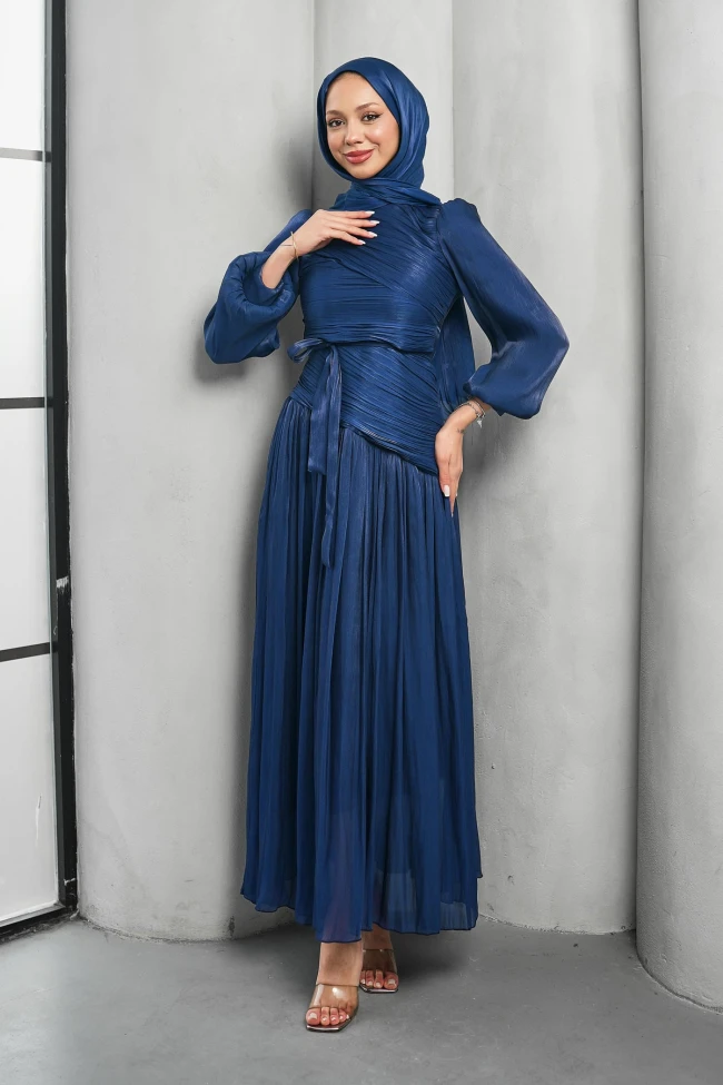 Lacivert Drapeli Piliseli Abiye