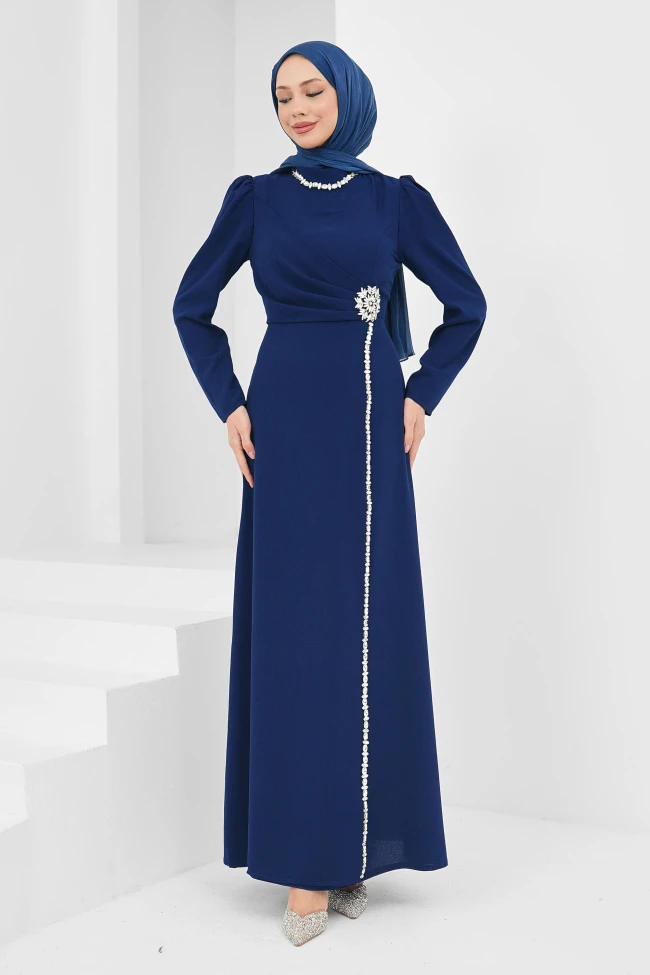 Lacivert Drapeli Taş Detaylı Abiye