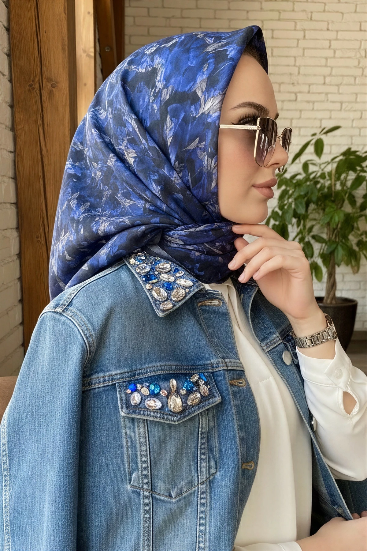 Lacivert İpekhan Soft Dijital Pamuklu Eşarp