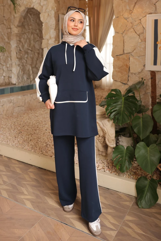 Lacivert Kapüşonlu Renk Bloklu Tunik Pantolonlu Takım