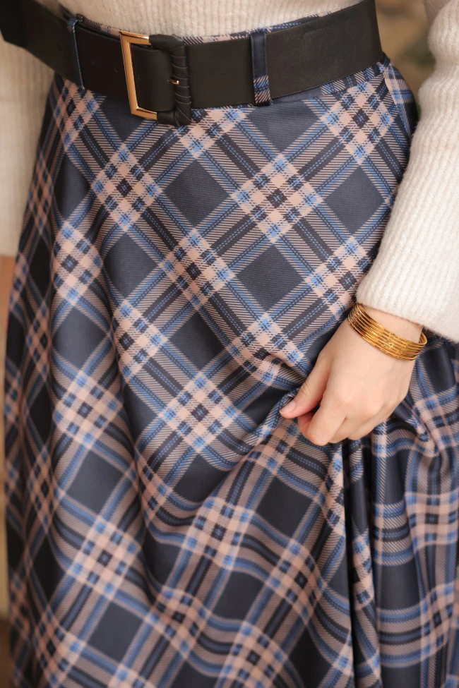 Lacivert Kemerli Ekose Kloş Etek