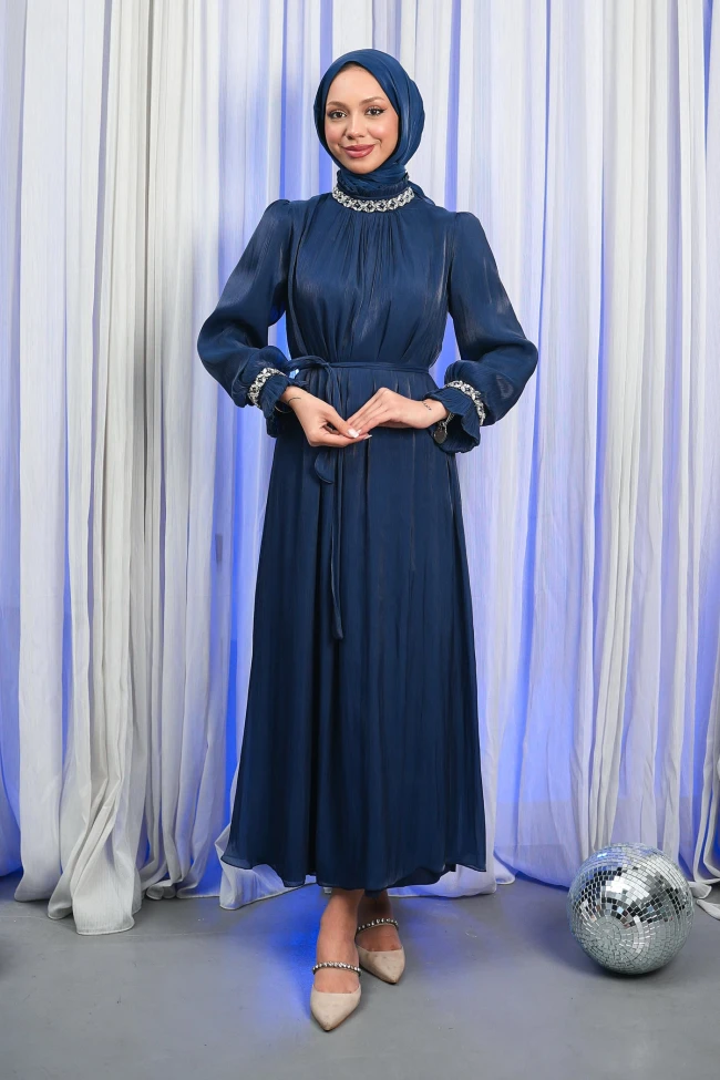 Lacivert Kol Yaka Taşlı Abiye