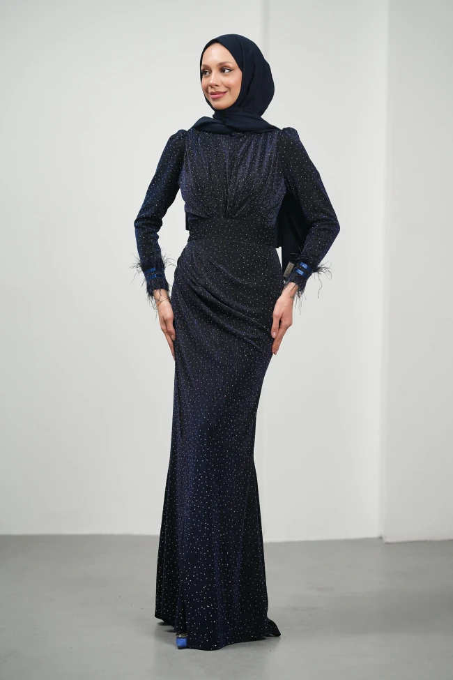 Lacivert Kolları Tüğlü Taşlı Abiye