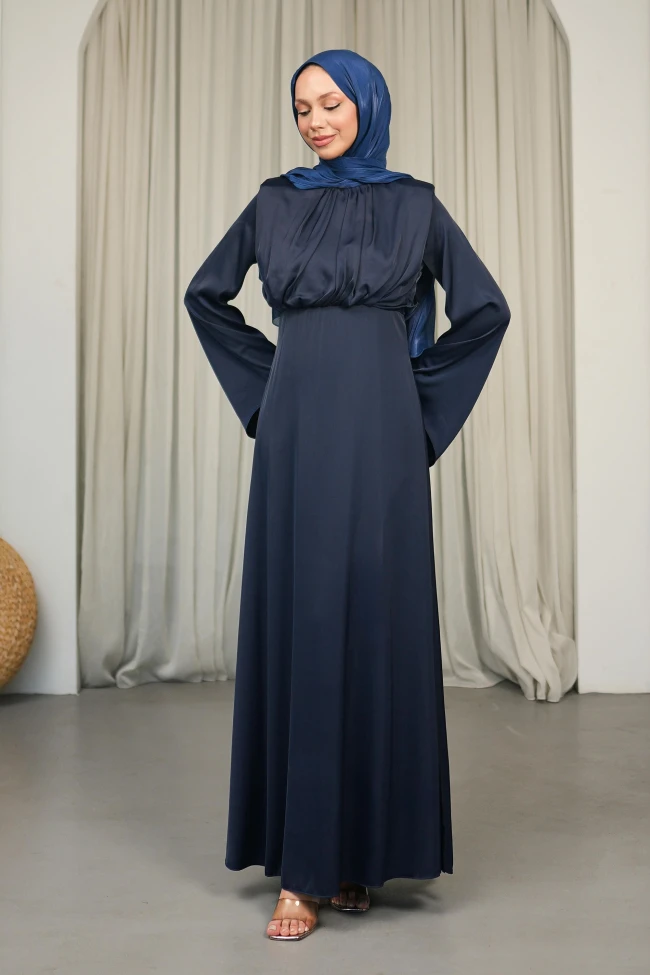 Lacivert Omuzları Vatkatlı Saten Abiye