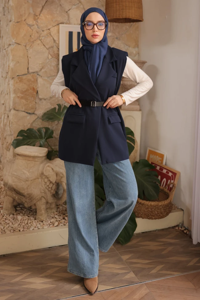 Lacivert Omuzu Dik Vatkalı Kemerli Astarlı Yelek