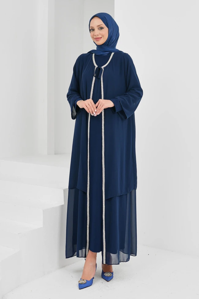 Lacivert Ön Bağlamalı Taşlı Abya Takım