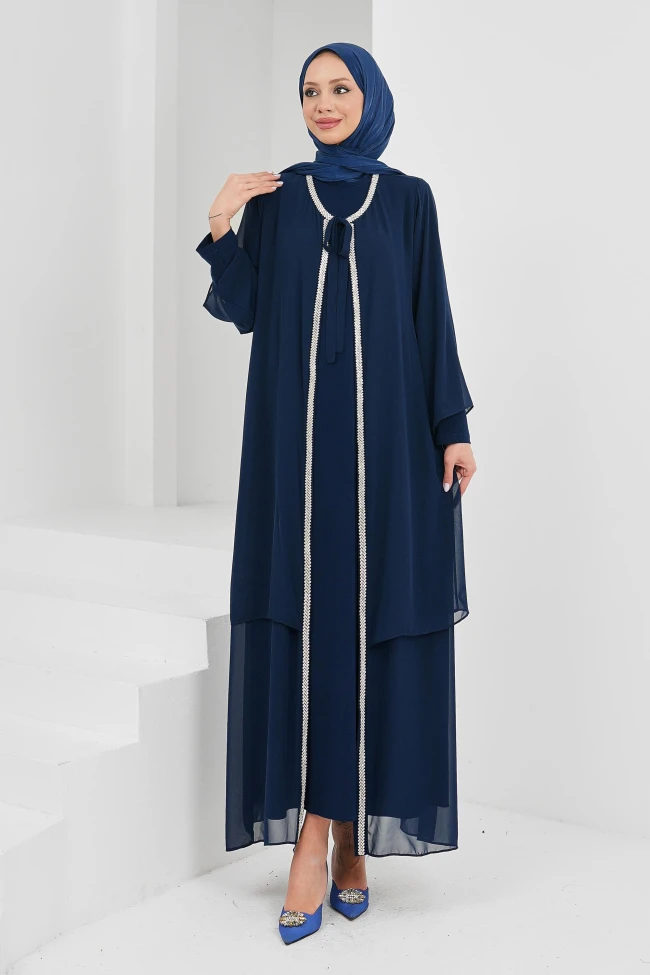 Lacivert Ön Bağlamalı Taşlı Abya Takım