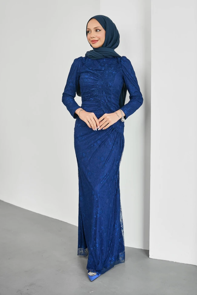 Lacivert Önü Büzgülü Güpürlü Abiye