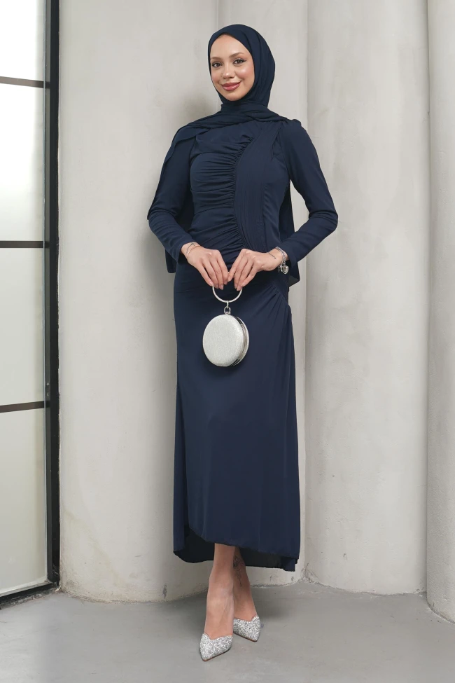 Lacivert Önü Drapeli Balık Model Abiye