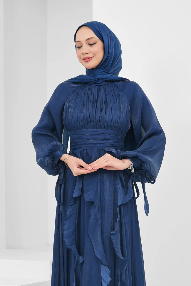 Lacivert Önü Drapeli Kol Bağlamalı Abiye