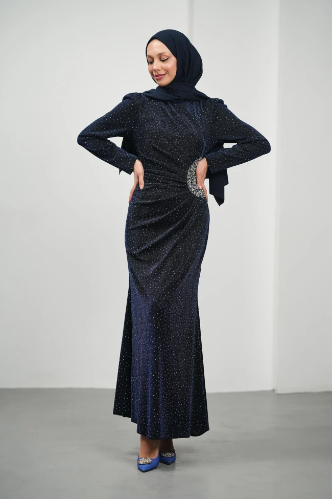 Lacivert Önü Drapeli Taşlı Abiye