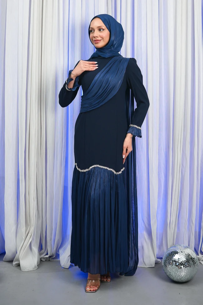 Lacivert Önü Drapeli Taşlı Tasarım Abiye