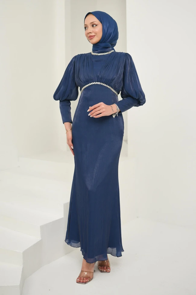 Lacivert Önü Piliseli Taşlı Abiye