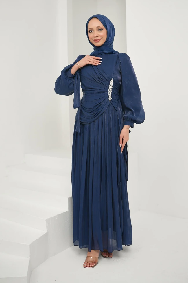 Lacivert Önü Taş Detaylı Kol Bağlamalı Abiye