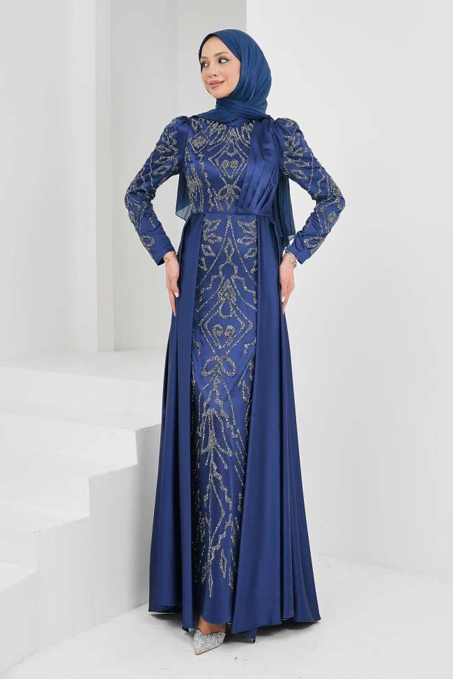 Lacivert Önü Taşlı Saten Abiye