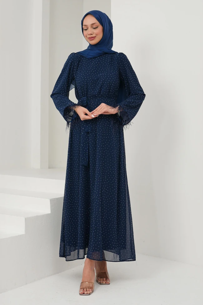 Lacivert Serpme Taşlı Kolu Tüğlü Abiye