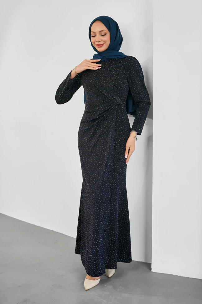 Lacivert Simli Taşlı Önü Drapeli Abiye