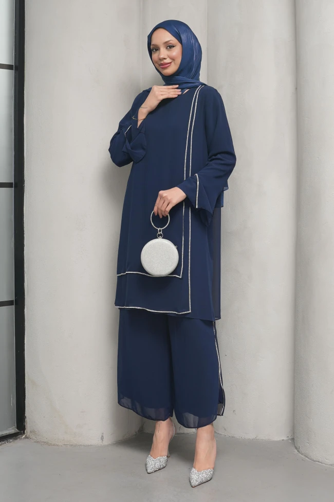 Lacivert Taş Detaylı Tunik Pantolonlu Abiye Takım