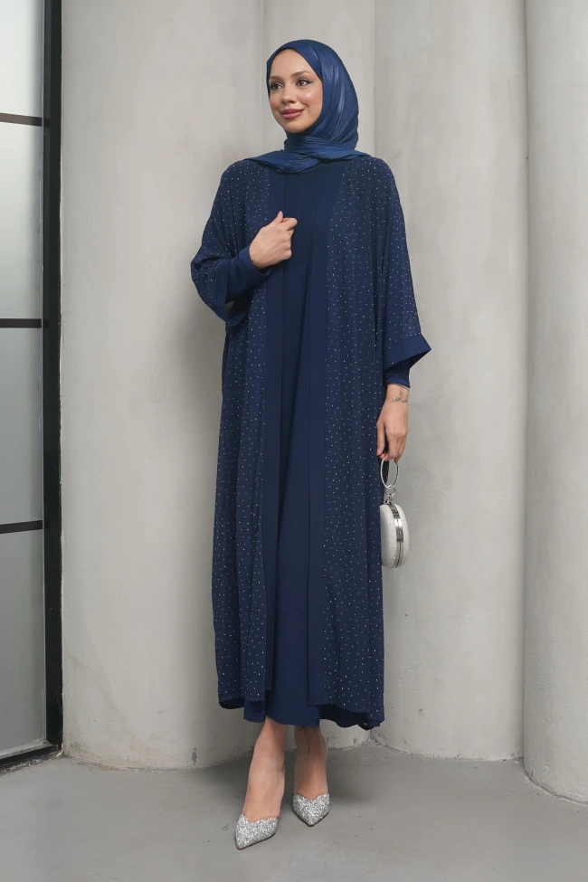 Lacivert Taş İşlemeli İkili Abaya Takım