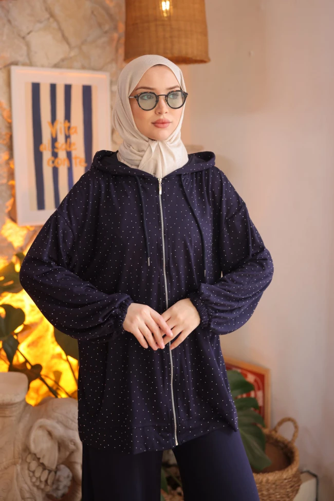 Lacivert Taşlı Tunik Pantolonlu Modal Takım