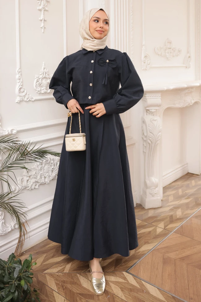 Lacivert Yaka Detaylı Crop Gömlek Etekli Takım