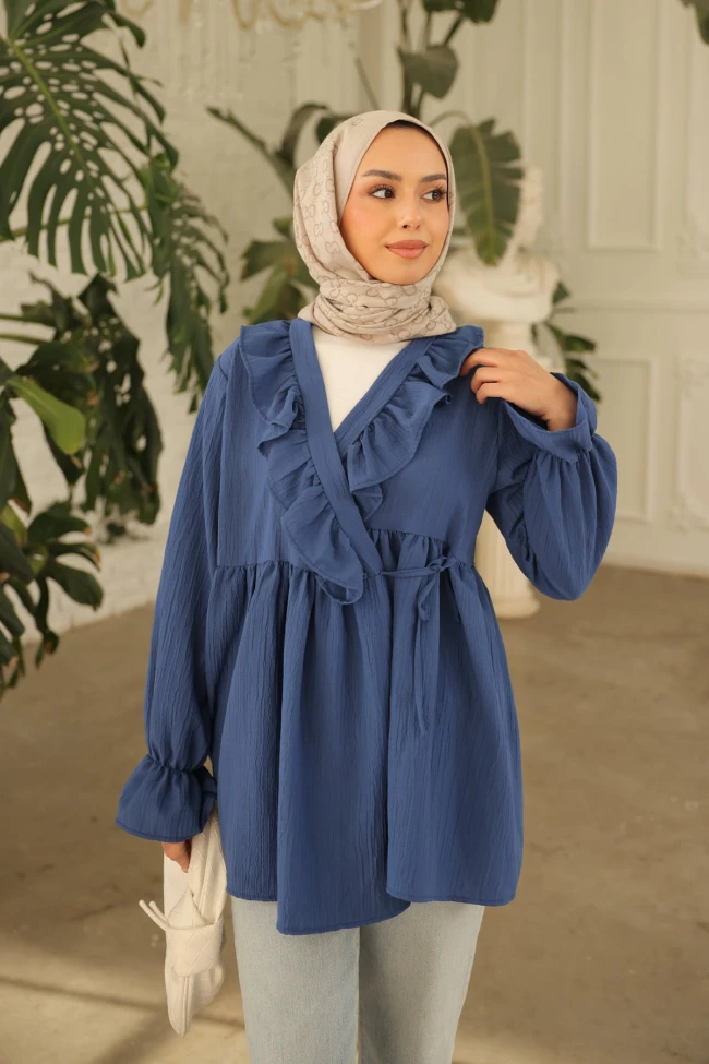Lacivert Yaka Fırfırlı Yan Bağlamalı Kol Lastikli Tunik