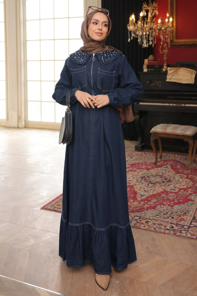 Lacivert Yaka Taşlı Yarım Fermuarlı Kemerli Kot Elbise