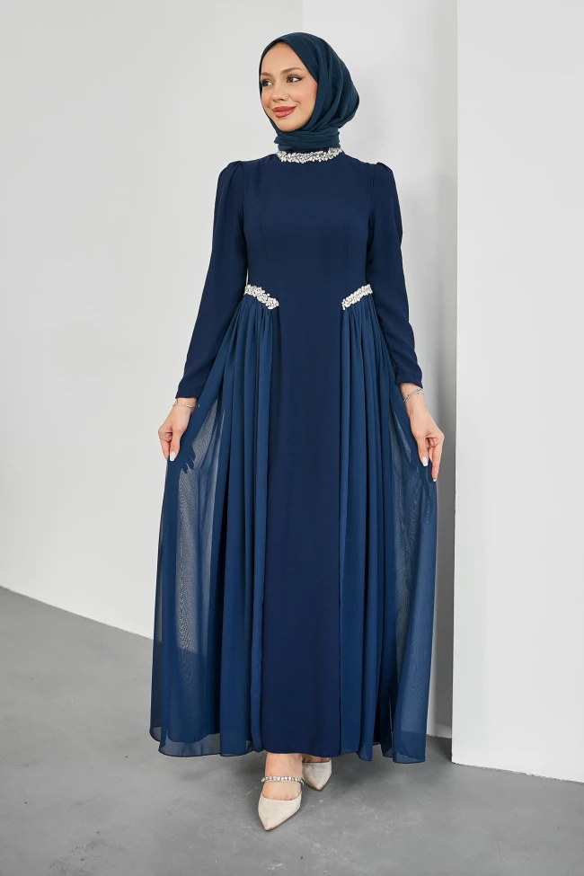 Lacivert Yaka Ve Bel Taşlı Kuyruklu Abiye