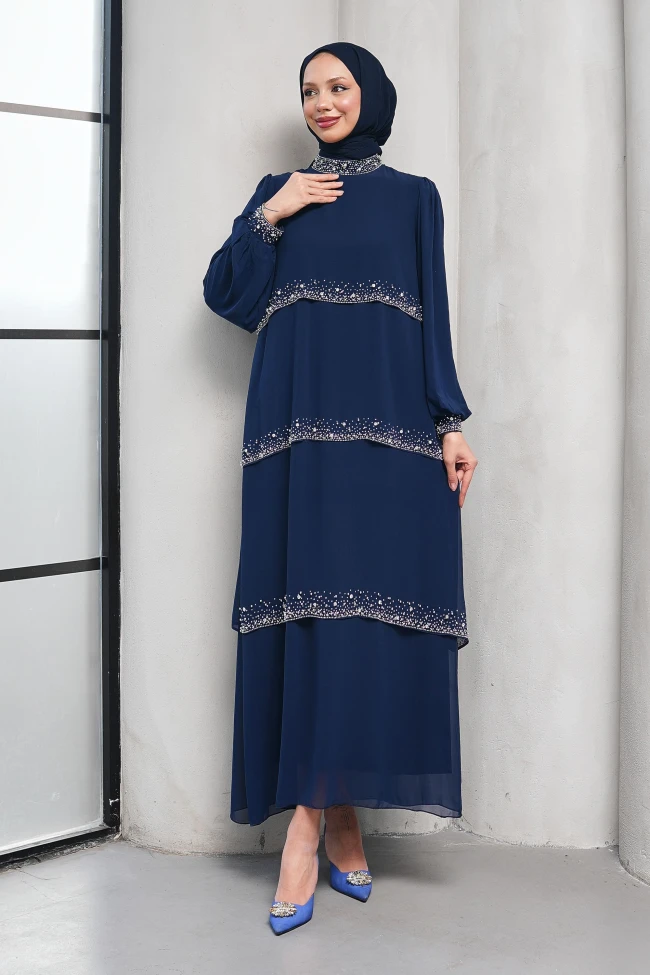 Lacivert Yakası Ve Katları Taş Detaylı Şifon Abiye