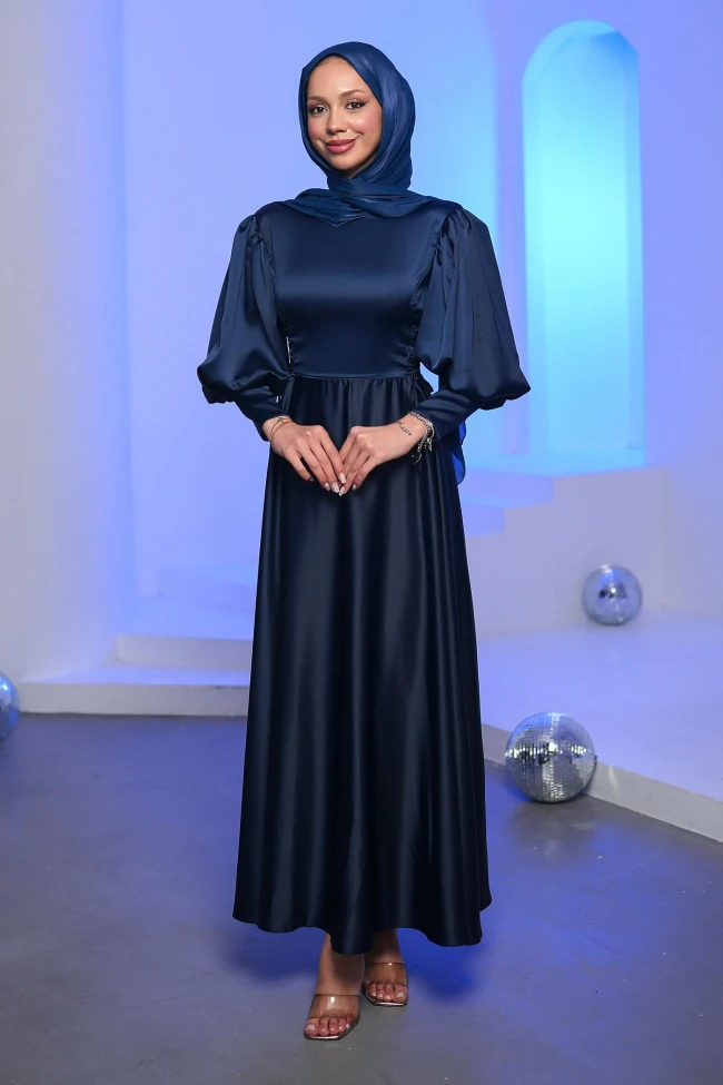 Lacivert Yan Bağlamalı Saten Abiye