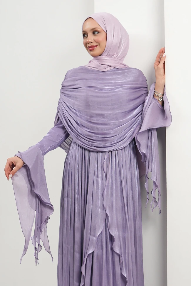 Lila Seyyar Pelerinli Fırfırlı Abiye