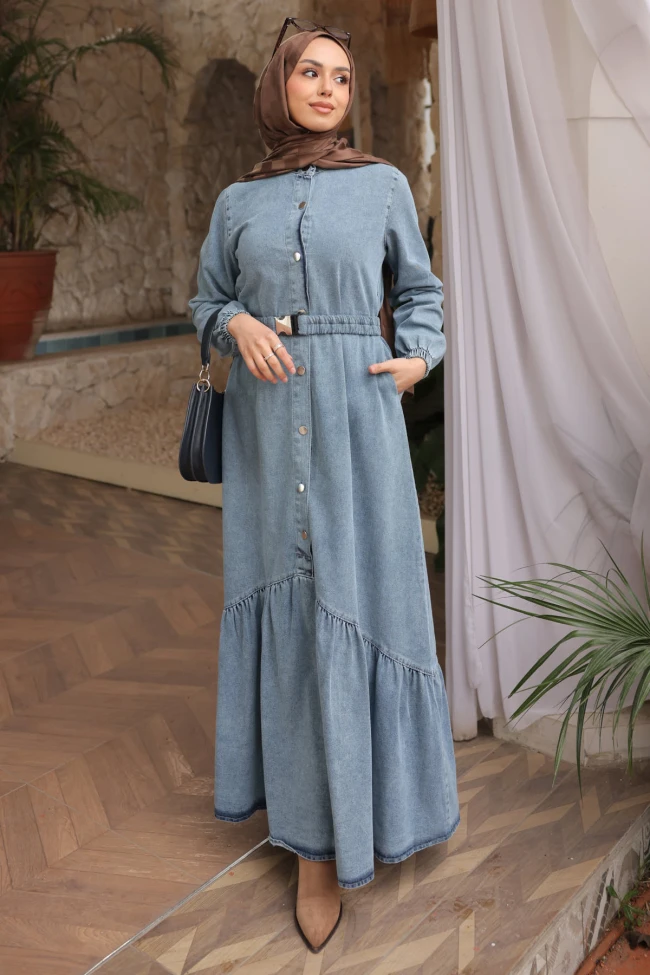 Mavi Düğmeli Lastik Kemerli Kot Elbise