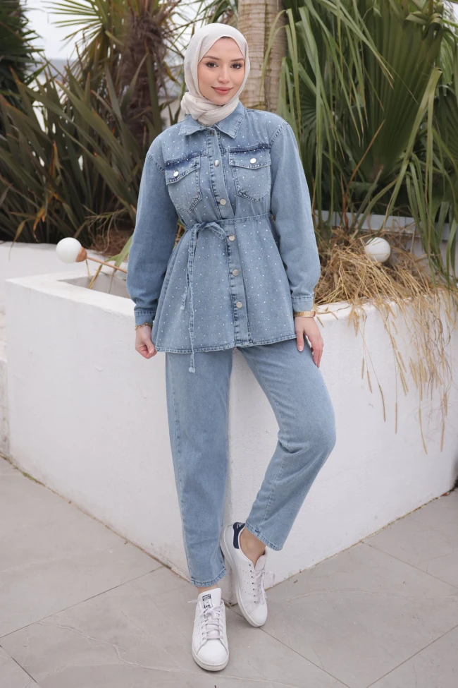 Mavi Taşlı Ceket Pantolonlu Takım