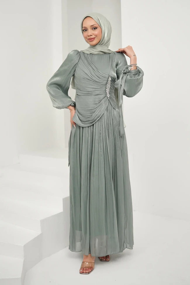 Mint Yeşili Önü Taş Detaylı Kol Bağlamalı Abiye