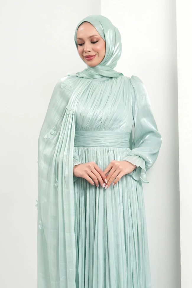 Mint Yeşili Pelerin Detaylı Piliseli Abiye