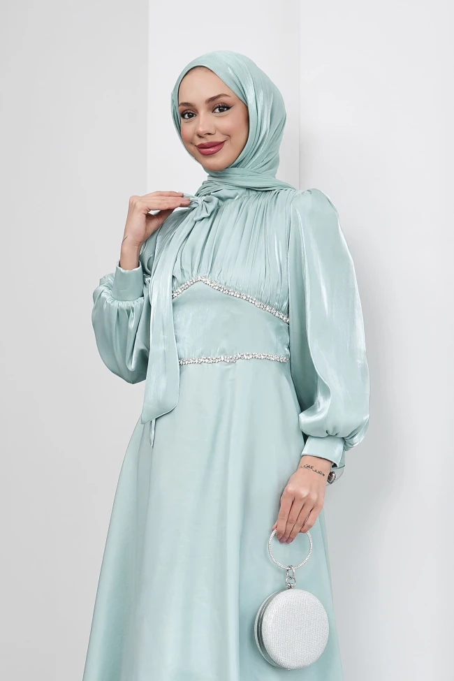 Mint Yeşili Yakası Fiyonklu Beli Taş Detaylı Balon Kol Abiye