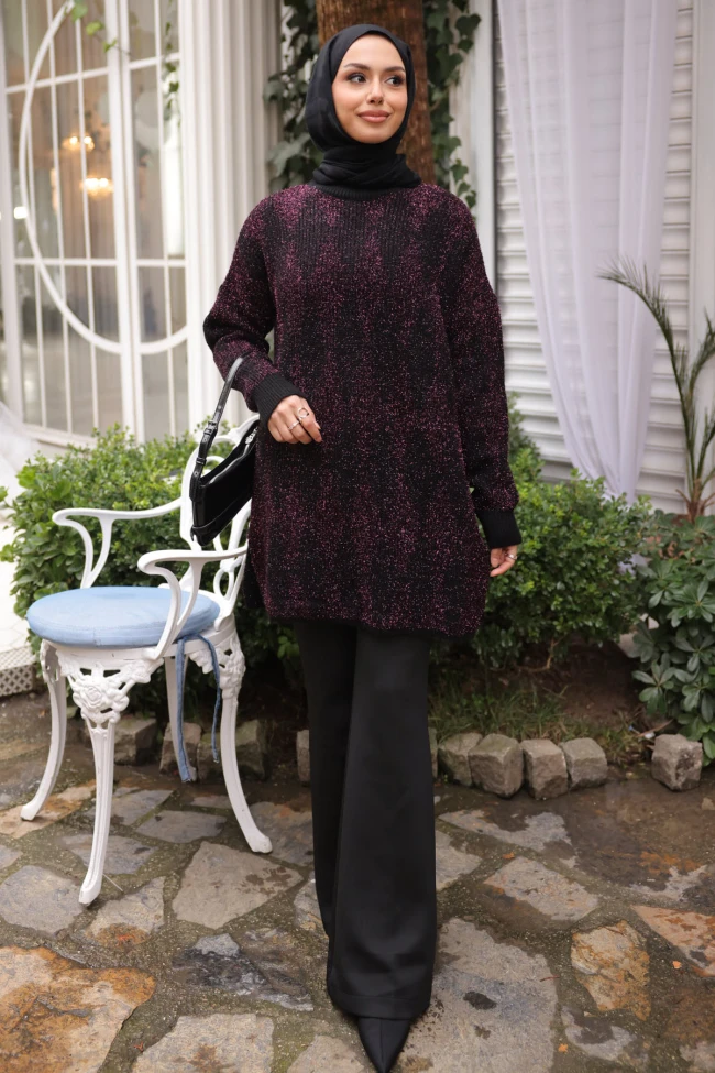 Mor Bisiklet Yaka Simli Triko Kazak