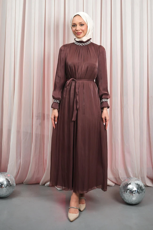 Mürdüm Kol Yaka Taşlı Abiye