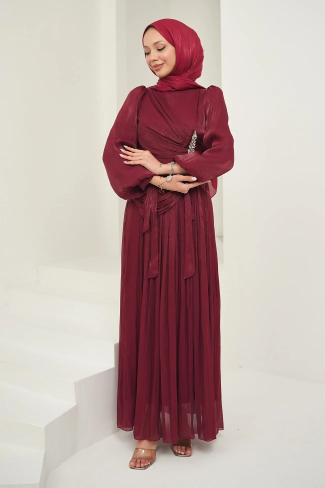 Mürdüm Önü Taş Detaylı Kol Bağlamalı Abiye